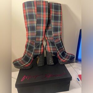 Betsey Johnson Tartan Heeled Boots - Red, Blue, Black
